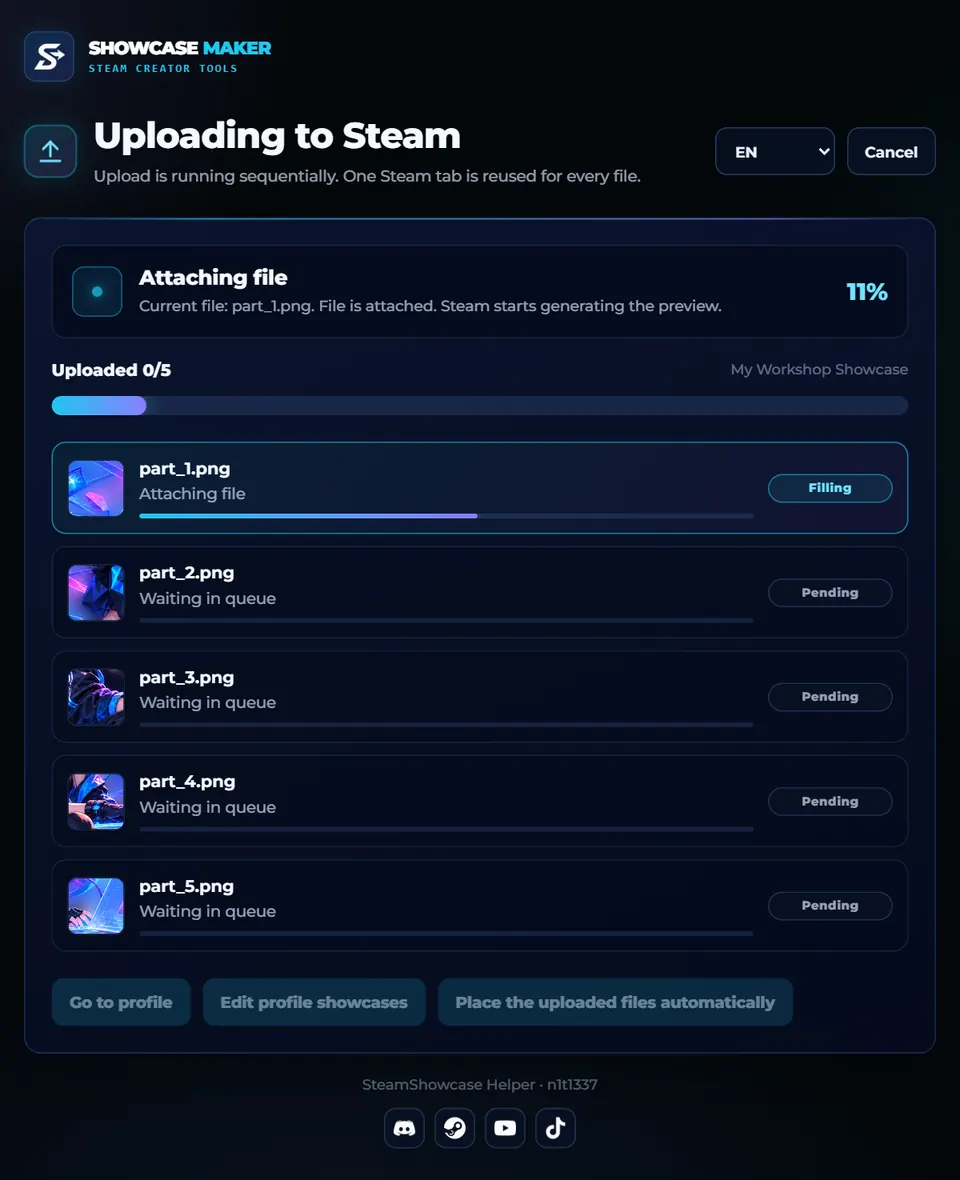 Upload page: the queue goes from 0 of 5 to 5 of 5